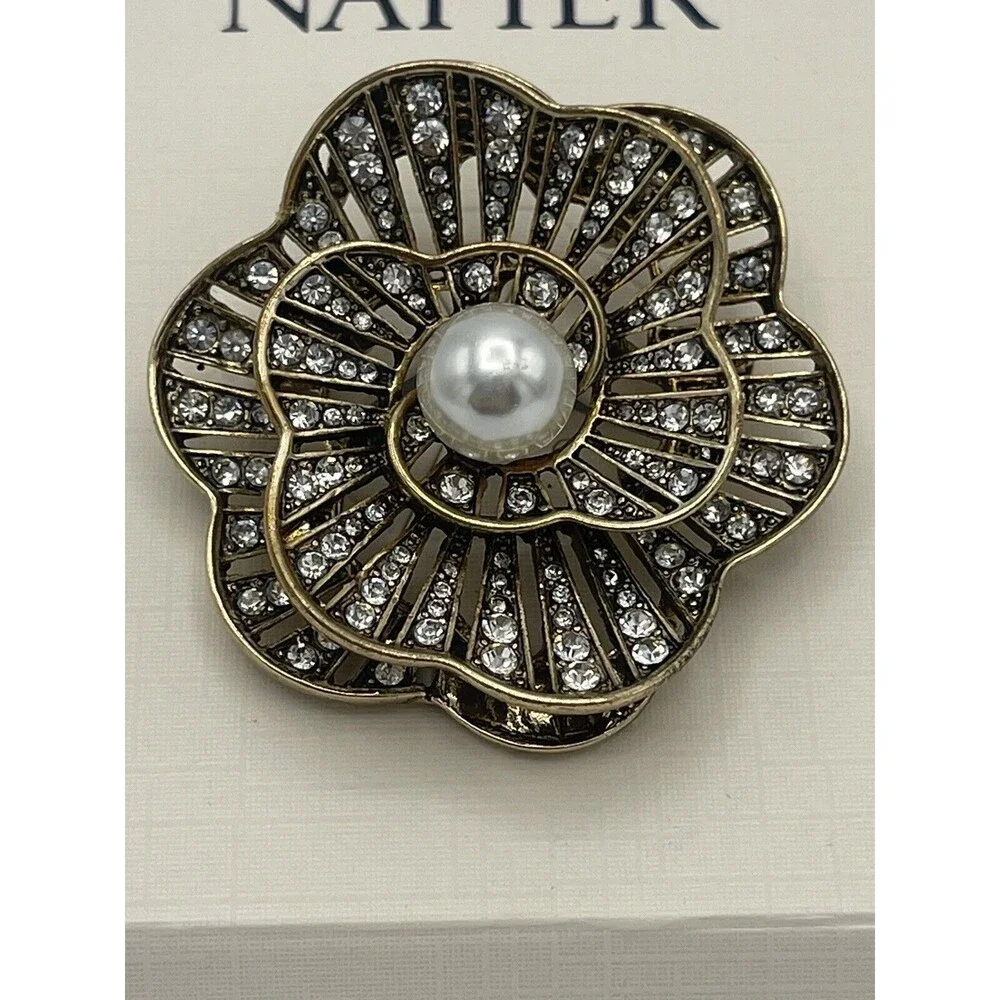 Napier Crystal & Pearl Antique Gold Tone Spiral Flower Brooch New